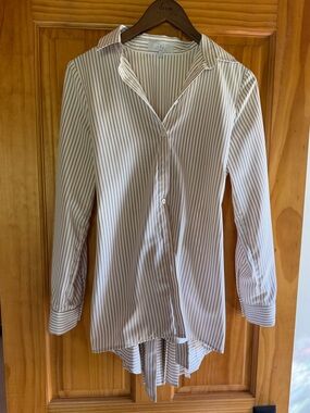 Pearl by Lela Rose Striped Pleated Button-Up Shirt in Cream and Brown NWOT